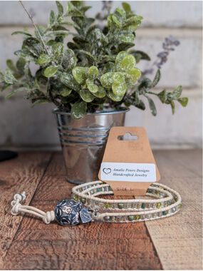 NEW Artisan Boho Double Wrap Green Beaded Knotted White Leather Button Bracelet